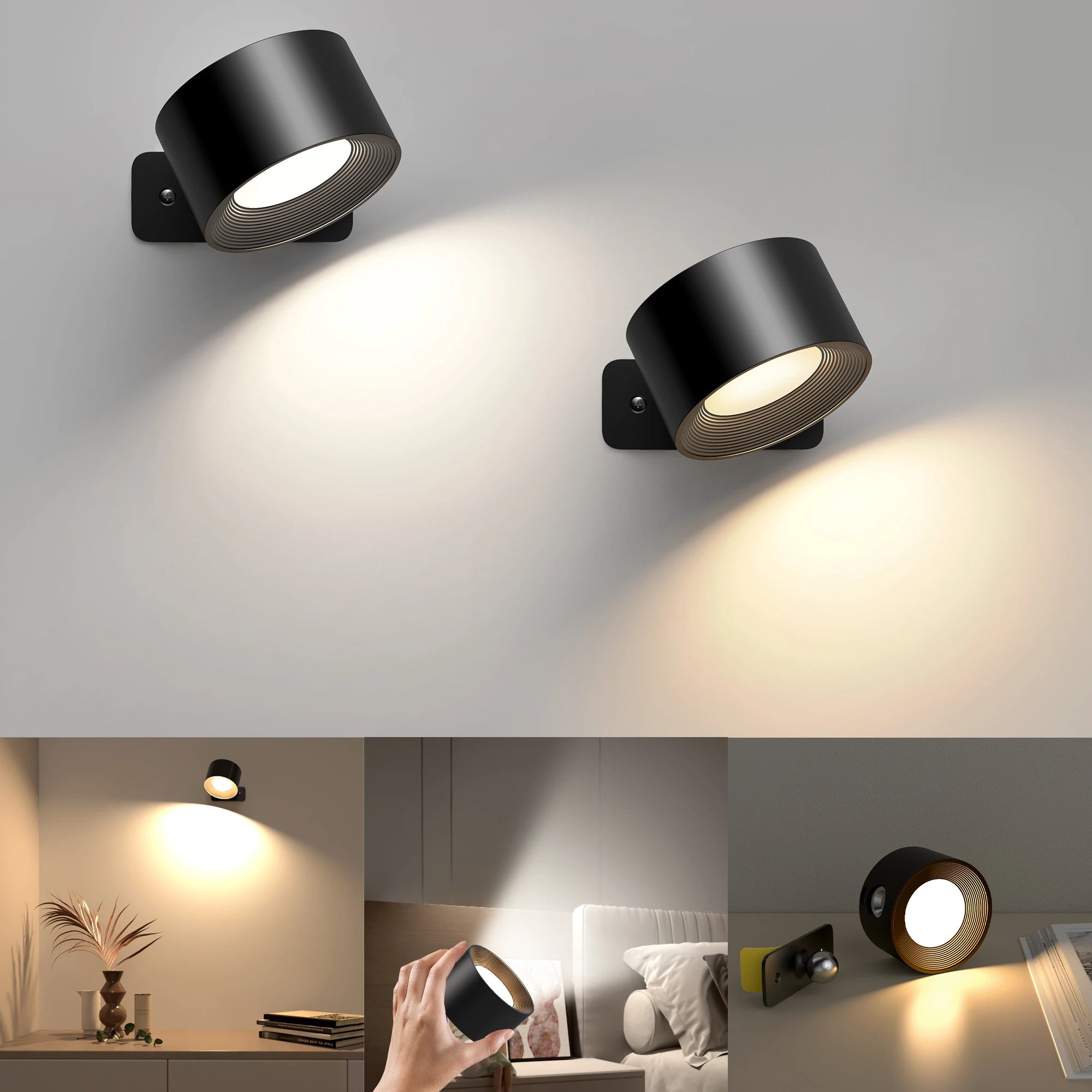 2 lampy ścienne LED, 3 poziomy jasności i 3 temperatury barwowe, ładowalna lampa ścienna, kula magnetyczna obracająca się o 360