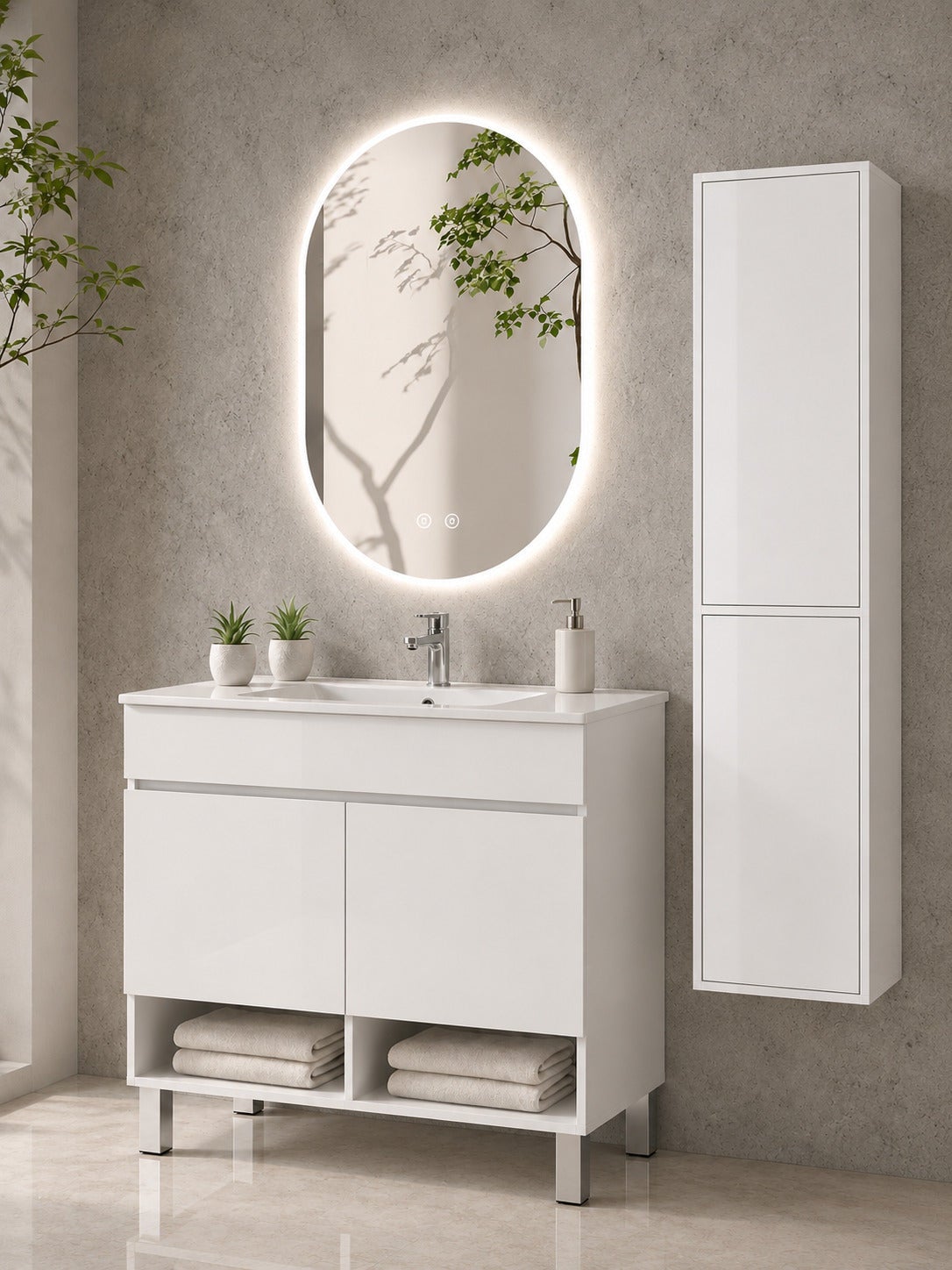 Szafka łazienkowa na nóżkach z umywalką ORIGENBATH NEBARI na nóżkach z drzwiami z kolumną 70x40 cm biały z kolumną