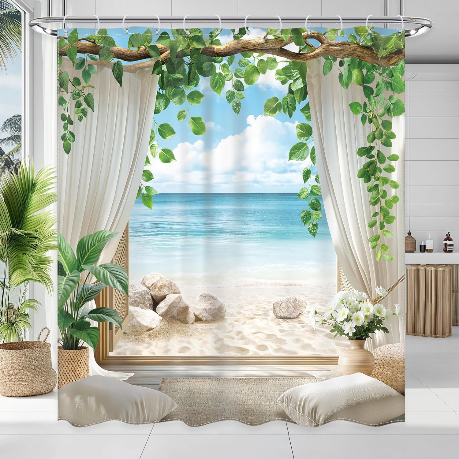 Zasłona prysznicowa Ocean Beach 180 x 180 cm (szer. x dł.) – Tropikalna plaża – Ocean Blue – Hawajski krajobraz – Zielone liście – Nowoczesny zestaw ł