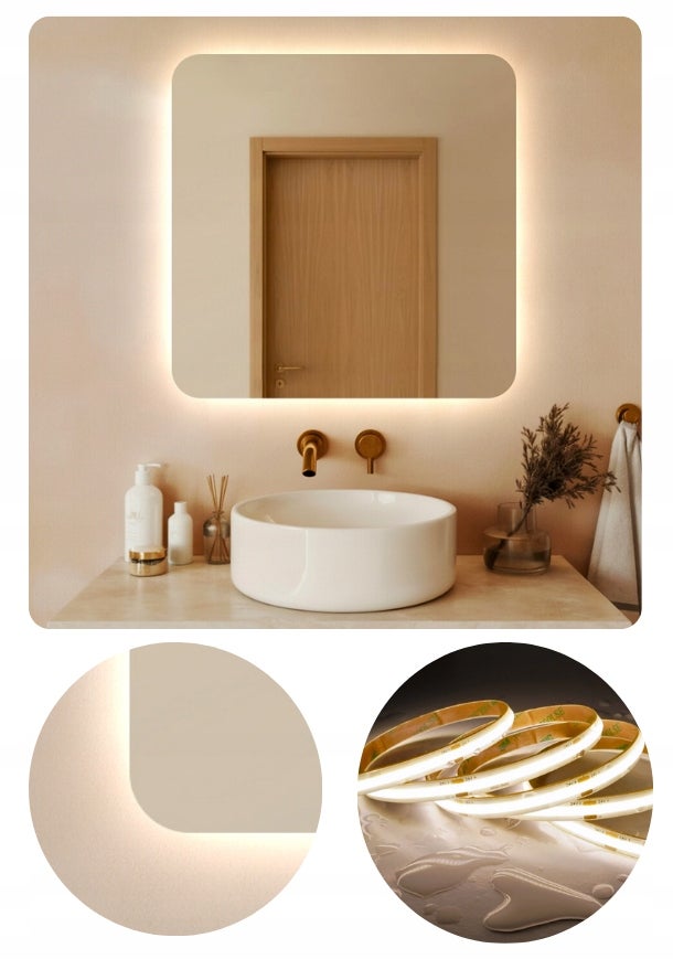 Lustro Led 80x80 cm Zaokrąglone Rogi Podświetlane Ledowe + COB 480 Diod/M