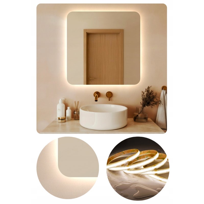 Lustro Led 80x80 cm Zaokrąglone Rogi Podświetlane Ledowe + COB 480 Diod/M