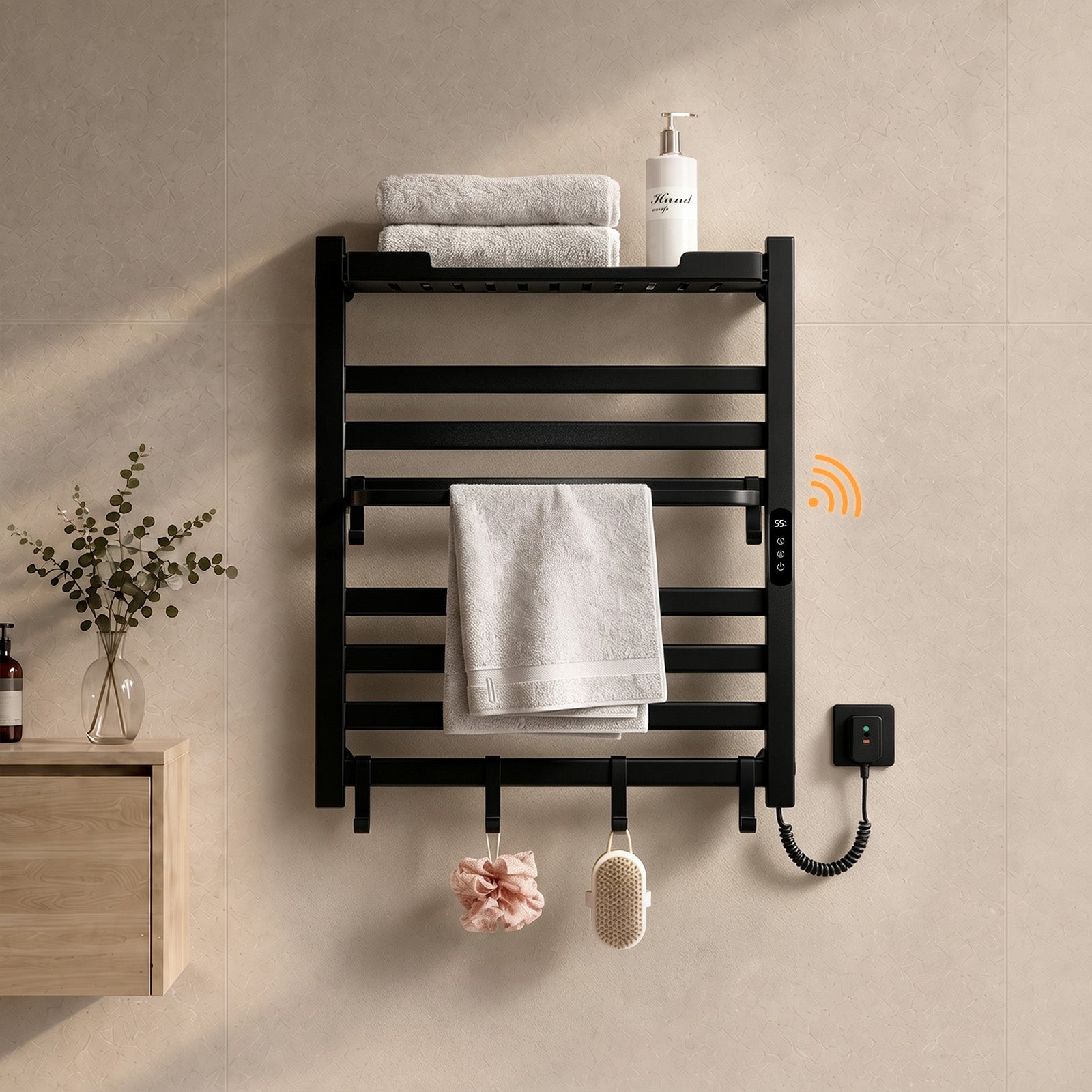 Grzejnik łazienkowy elektryczny WiFi 70 × 60 cm, 233 W, czarny, sucha bezwładność, włókno węglowe, z półką i haczykami - S'AFIELINA