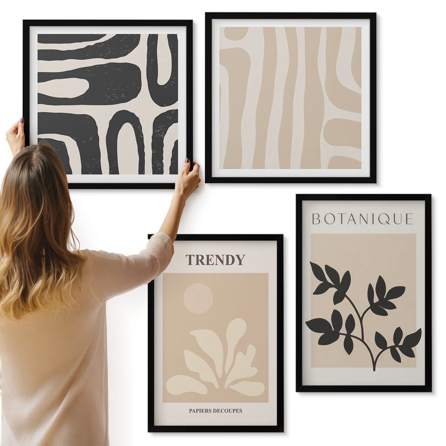 Galeria ścienna 4-częściowy komplet obrazów w czarnych ramach - Stylowe wzory roślinne w odcieniach beżu i czerni - ArtPrintCave