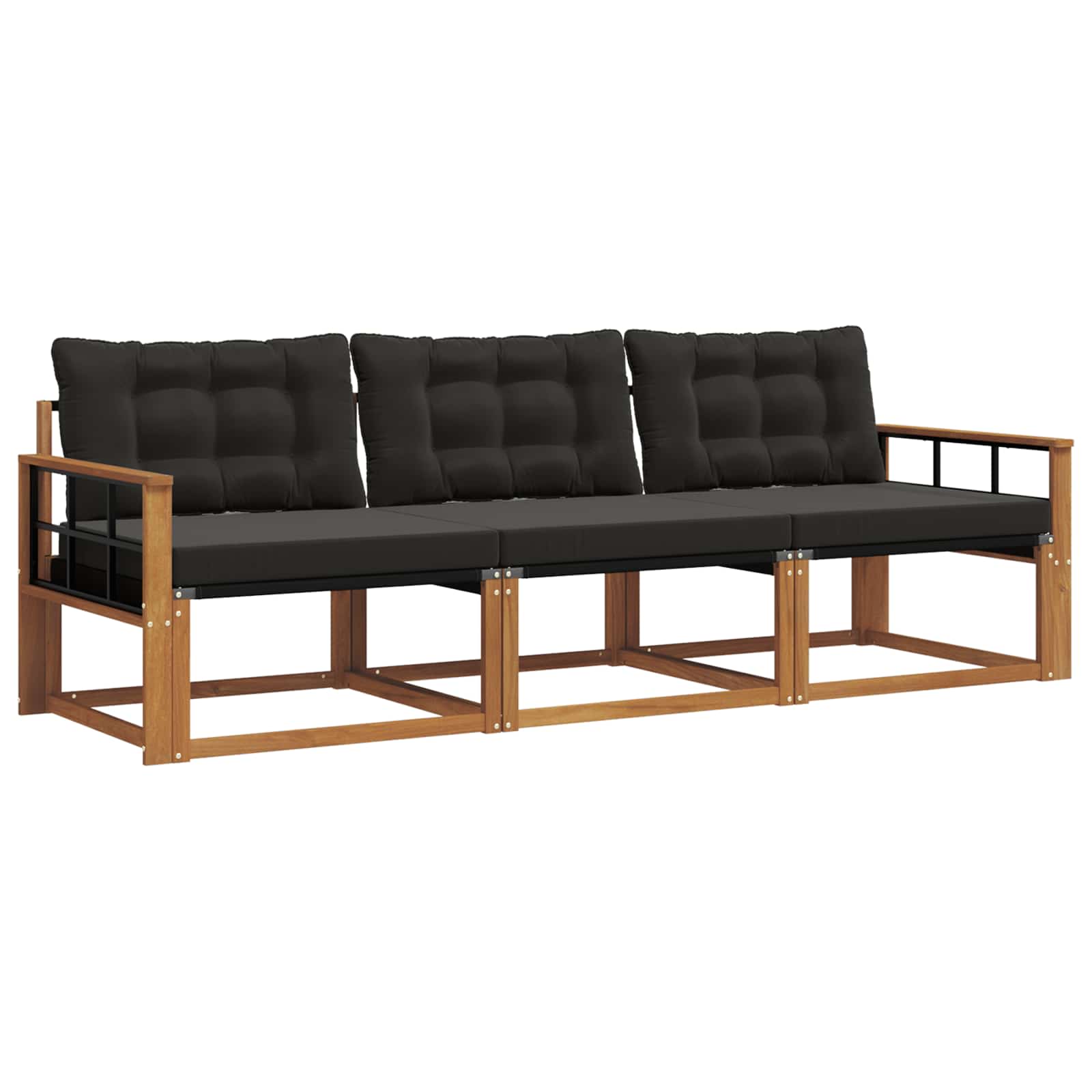 Sofa Ogrodowa Modułowa 3-Osobowa Drewniana z Czarnymi Poduszkami na Taras