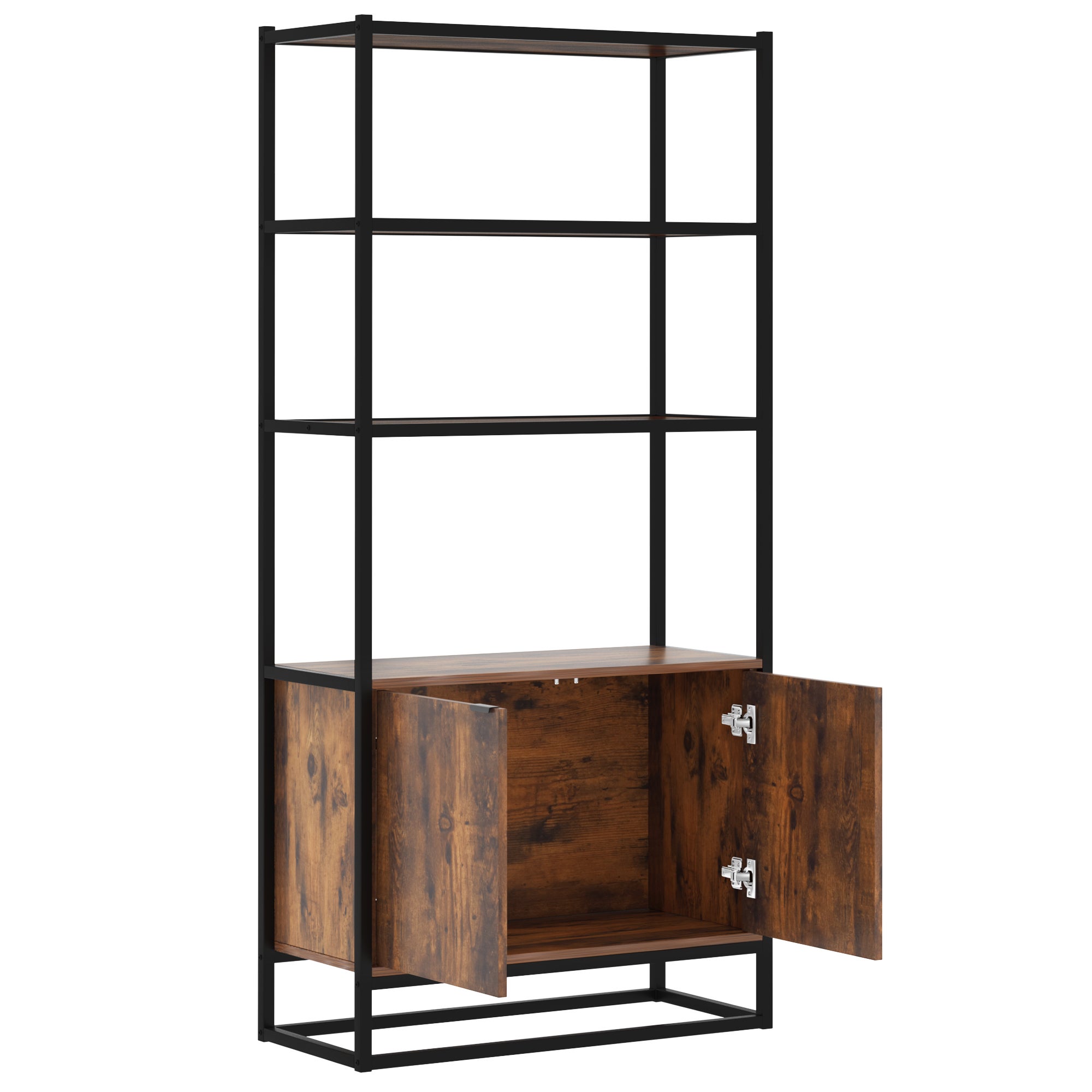 Regał w stylu vintage z 3 półkami, 1 drewnianą szafką i czarną metalową ramą, 76 x 33 x 162,5 cm