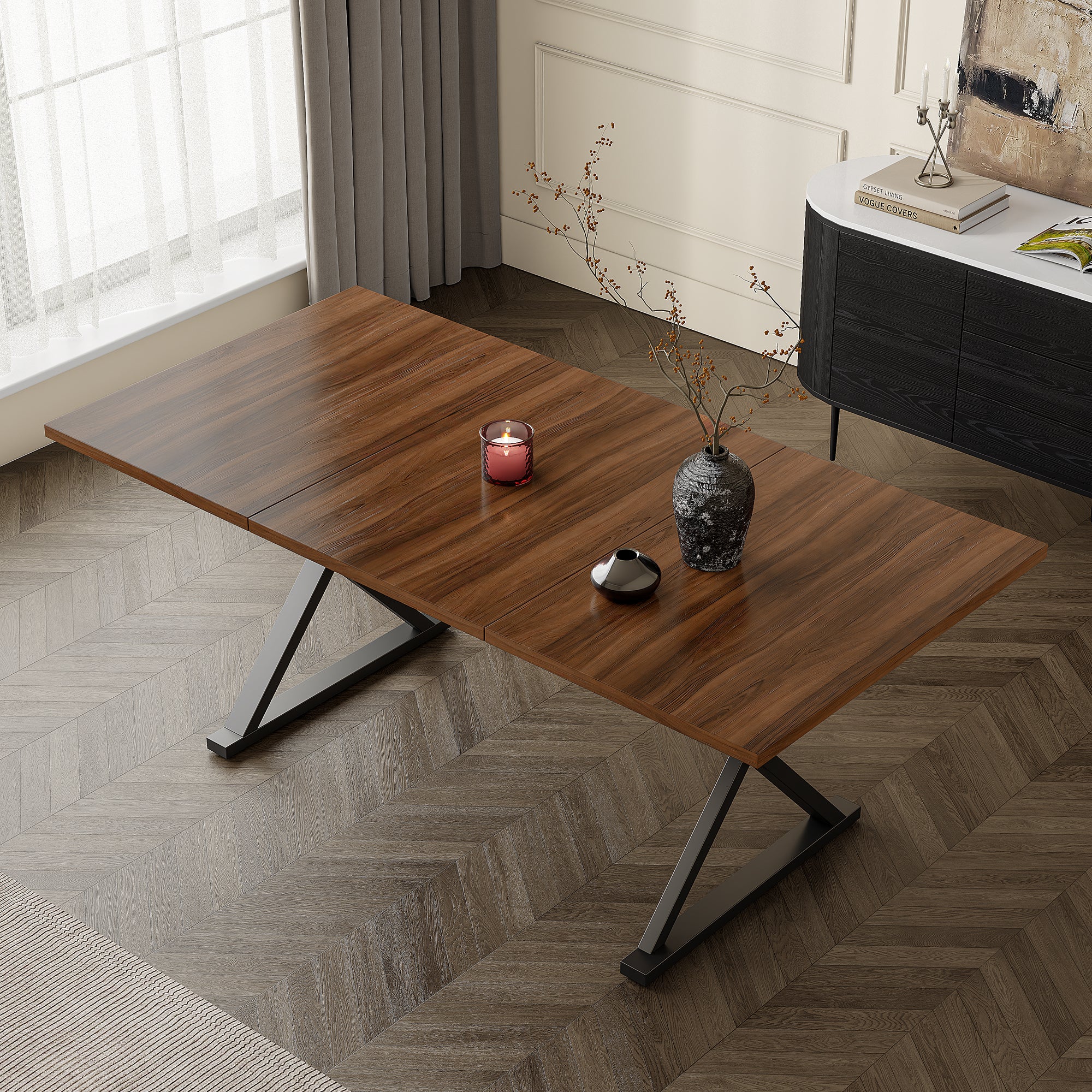Nowoczesny stół jadalny 180x90x75 cm - Miejsce dla 6-8 osób - Nogi metalowe - Styl minimalistyczny - Płyta MDF - Orzech i czerń