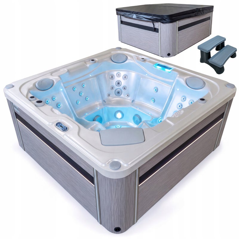 Całoroczne SPA ogrodowe MOSSA 5 osób z hydromasażem zestaw schodki pokrywa