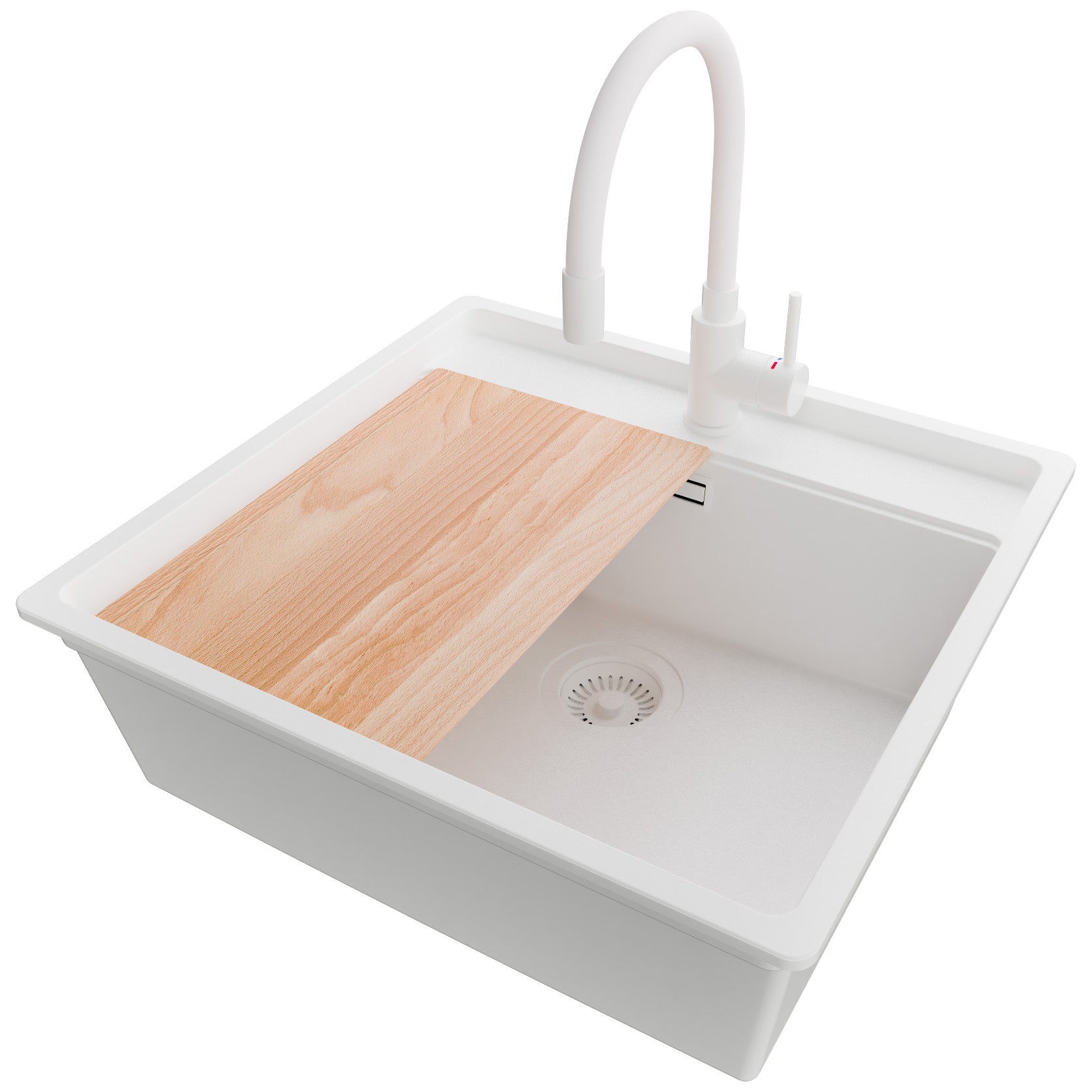 Zlewozmywak podblatowy Cały Biały 56x53cm, Zlew Kuchenny 1 Komorowy + Bateria 38x14cm + Syfon + Deska, do szafki od 60cm - Bergen PRIMAGRAN