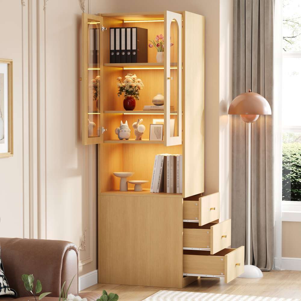 Regał słupek biblioteczny dąb MDF 60x40x200 cm z witryną szklaną, oświetleniem LED, szufladami, montaż lewo/prawo