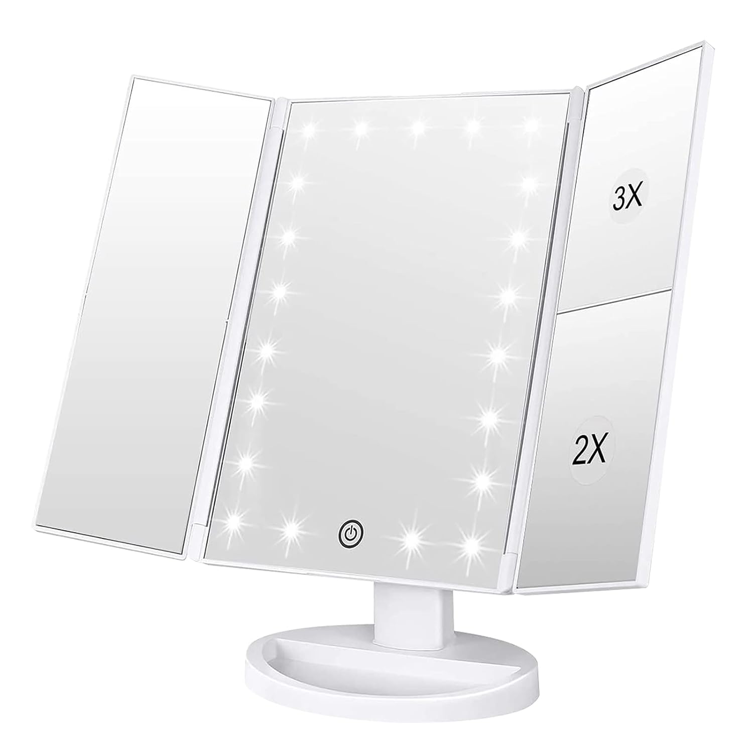 Lustro do makijażu z 21 diodami LED, regulowanym ekranem dotykowym i powiększeniem 1x/2x/3x, składane na trzy części (białe)