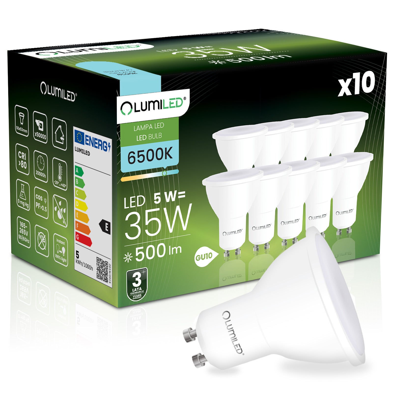10x Żarówka LED GU10 Reflektor PAR16 5 W = 35 W 500 lm 6500K Zimna biel 120st Lumiled