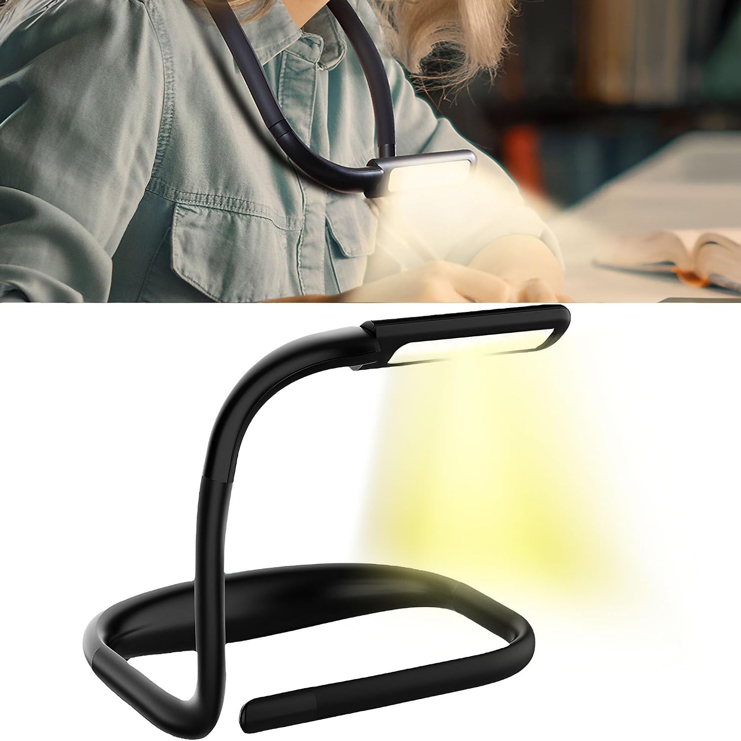 Ta lampa do czytania/stołowa, zaprojektowana do noszenia na szyi, wyposażona jest w silikonową rurkę i trójkolorowe źródło światła zapewniające ochro