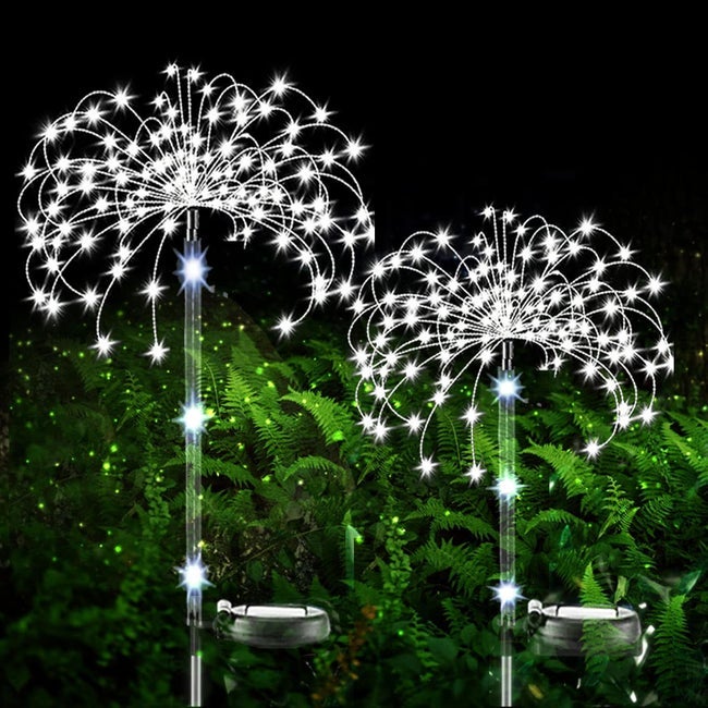 Lampy ogrodowe solarne, 2 sztuki, 120 diod LED, solarne fajerwerki, IP65, wodoodporne, dekoracyjne oświetlenie solarne do ogrodu (chłodna biel)