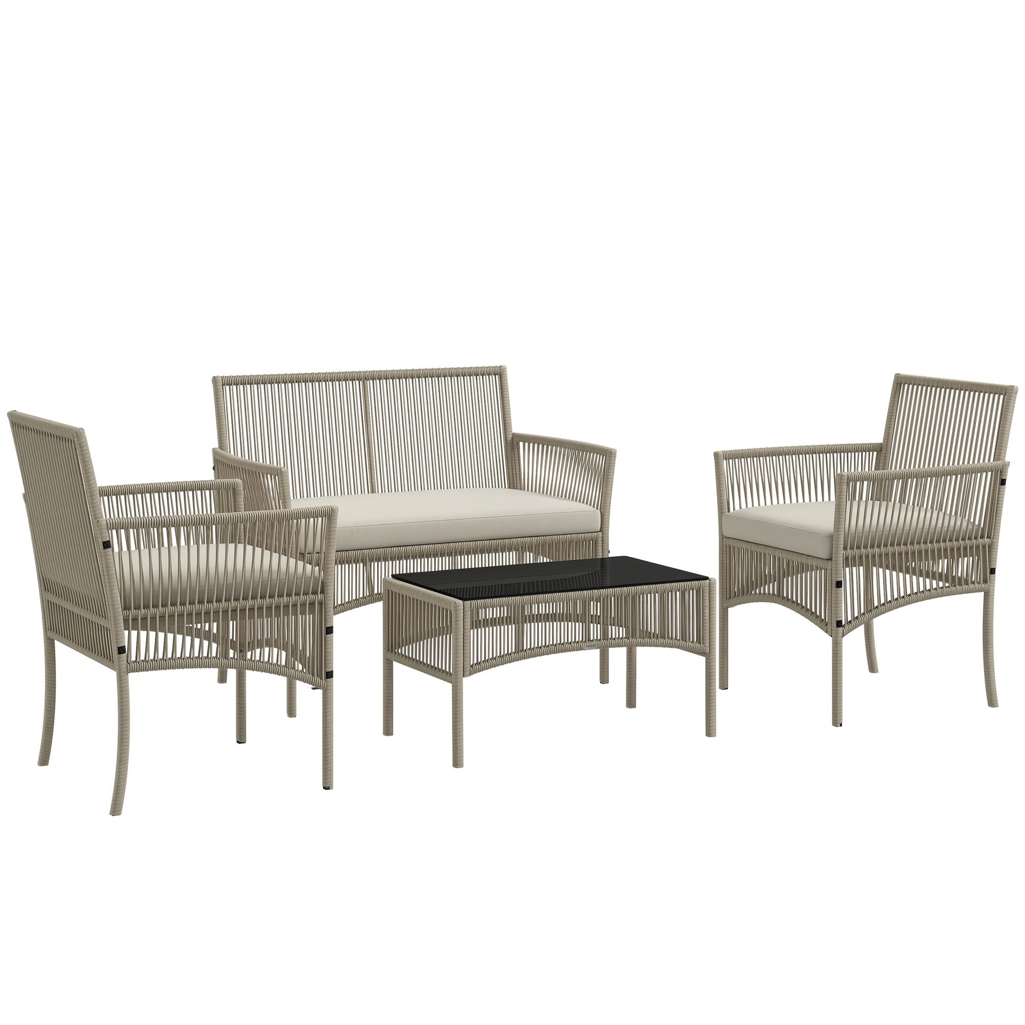 4-element rattan ogród zestaw z 2 fotele, sofa i stolik kawowy, khaki i czarny