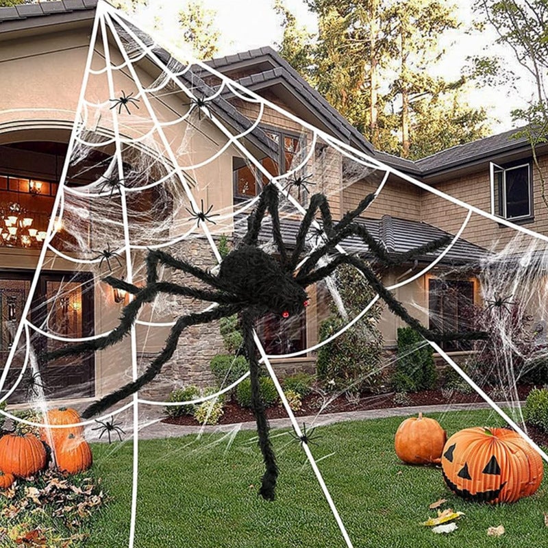 Pajęczyna na Halloween o długości 500 cm + pająk o długości 125 cm – Akcesoria na Halloween – Dekoracje na Halloween na zewnątrz