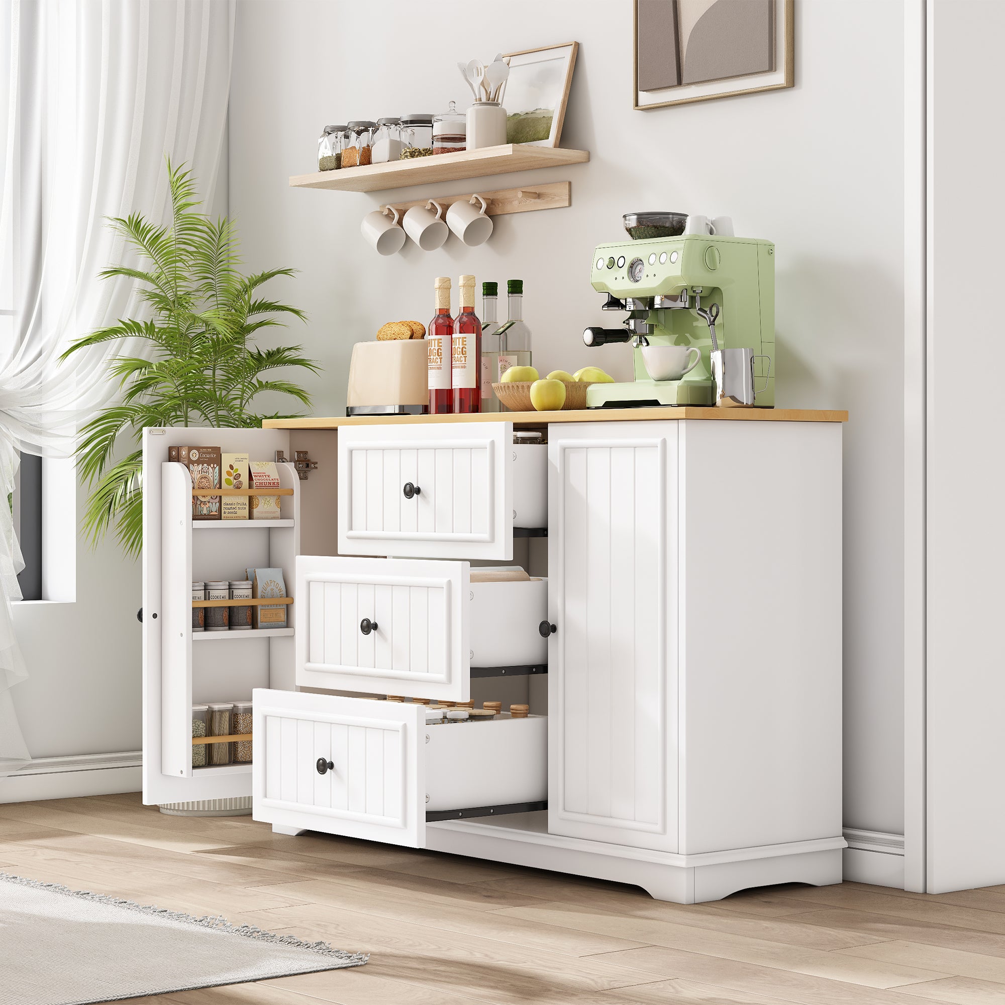 Nowoczesna komoda z 2 drzwiami i 3 szufladami - 126 x 40 x 86 cm - MDF - do jadalni, salonu - biała