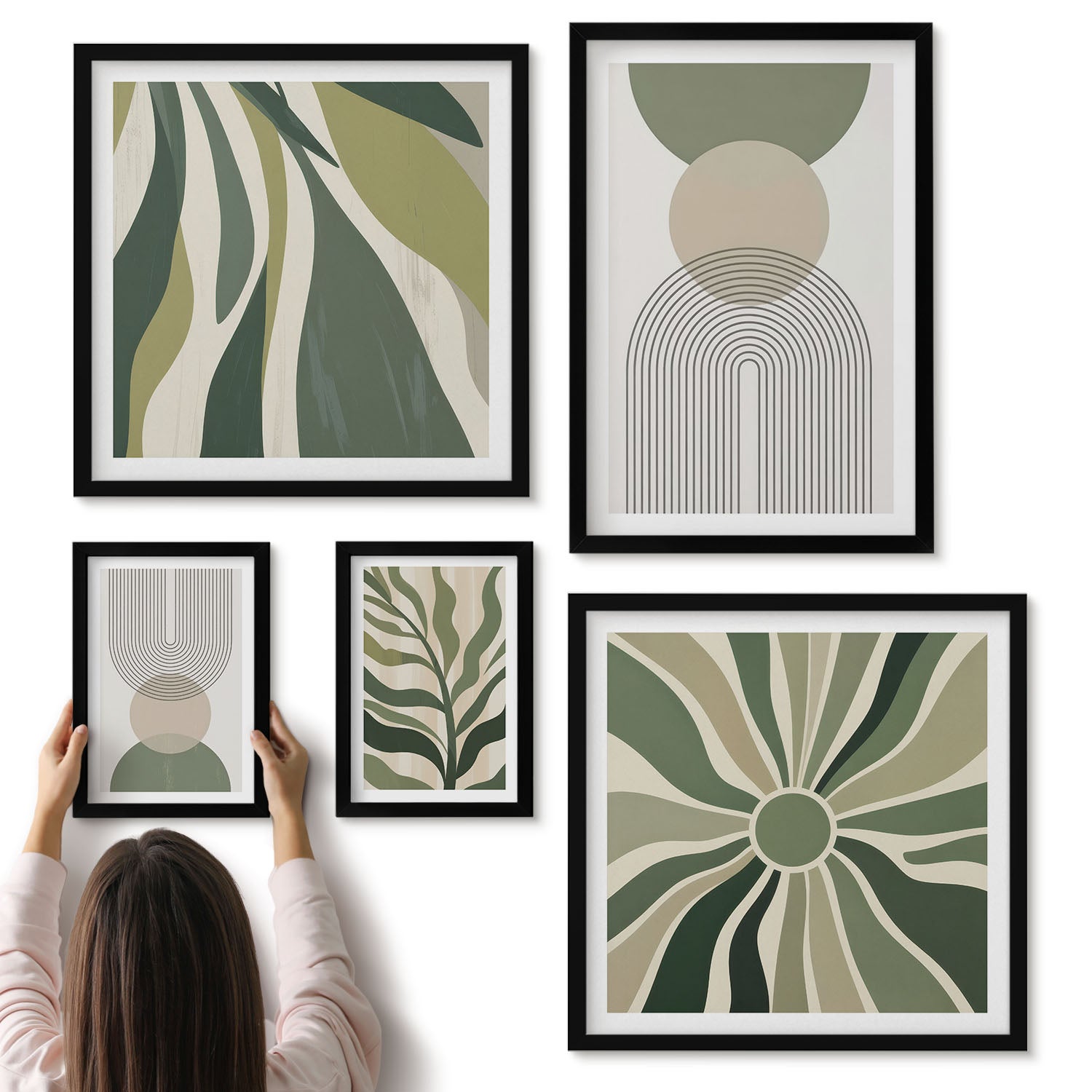 Galeria ścienna 5-częściowy komplet obrazów w czarnych ramach - Stylowe abstrakcje w odcieniach zieleni i beżu - ArtPrintCave