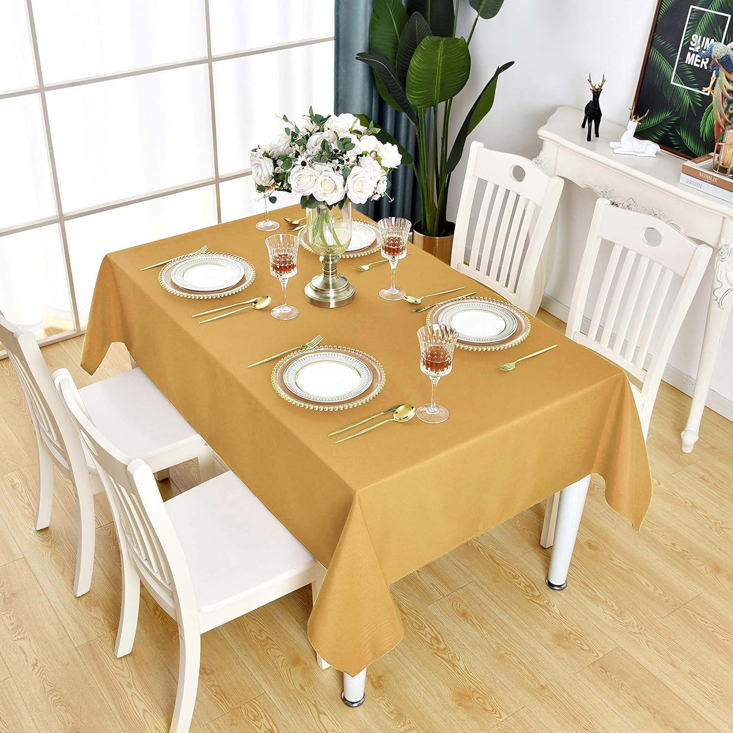 Żółty obrus, 140 x 220 cm — Wodoodporny i plamoodporny — Zmywalny materiał PVC — Prostokątny, elegancki i trwały — Nadaje się na stoły jadalniane