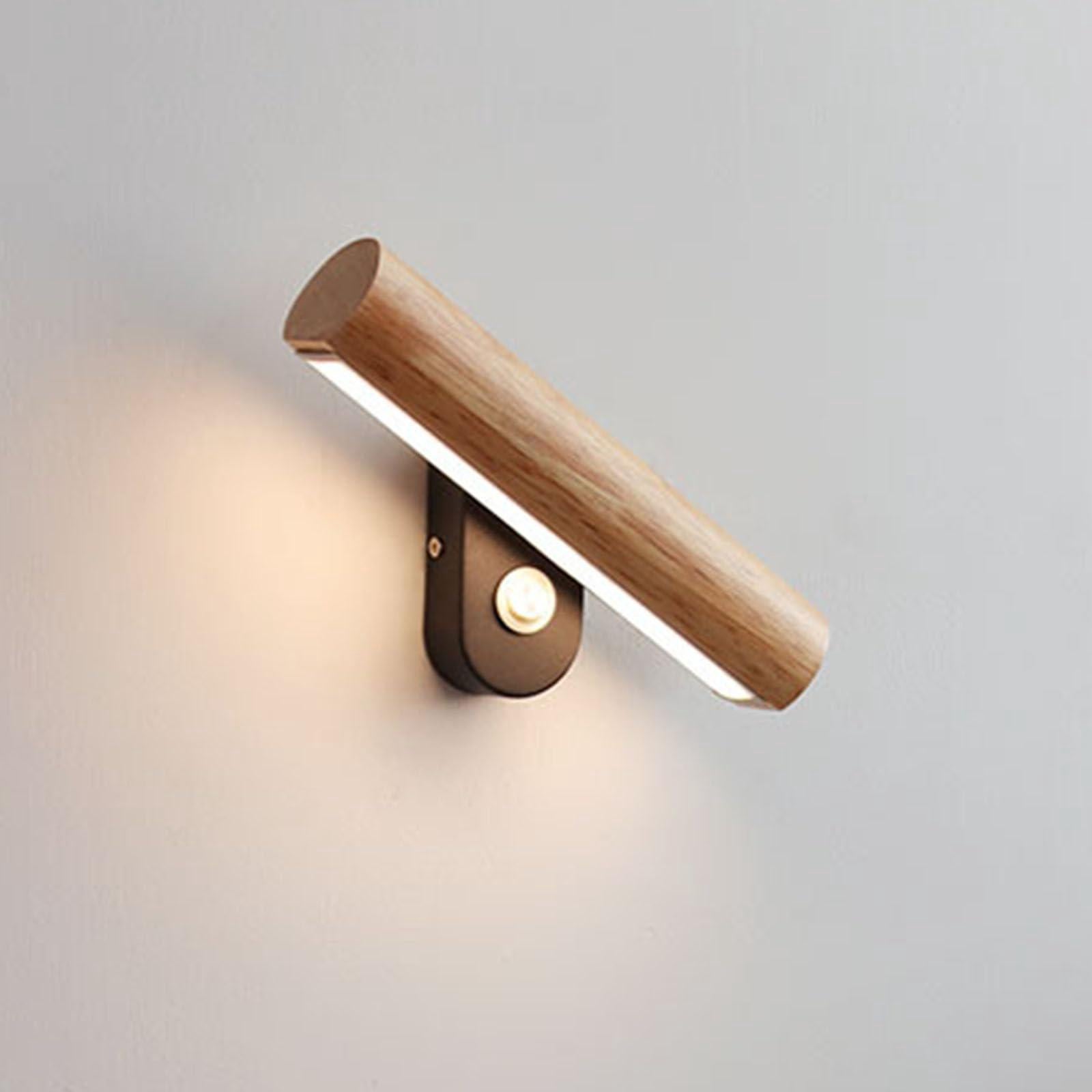 Drewniana lampa ścienna do wnętrz z czujnikiem ruchu, obrót 360°, ciepła biel, lampka nocna, do salonu, sypialni