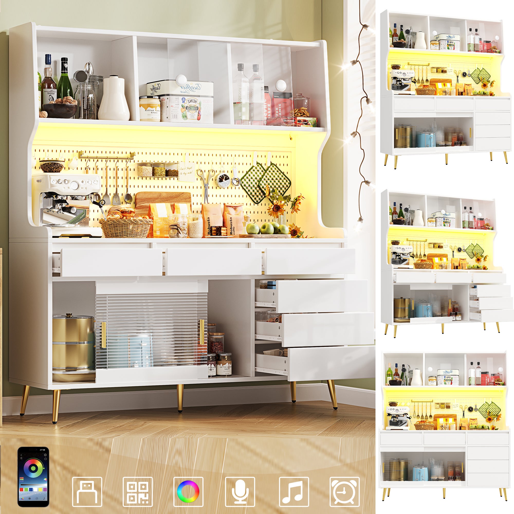 Kredens kuchenny z 4 drzwiami przesuwnymi, 6 szufladami i ścianką perforowaną - 145 x 39 x 171 cm - MDF - Diody LED - Do kuchni lub salonu - Biały