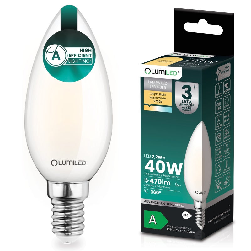 Żarówka LED Lumiled E14 Świeczka B35 2.2 W 470 lm 2700K Ciepła biel 360st Filament KLASA A