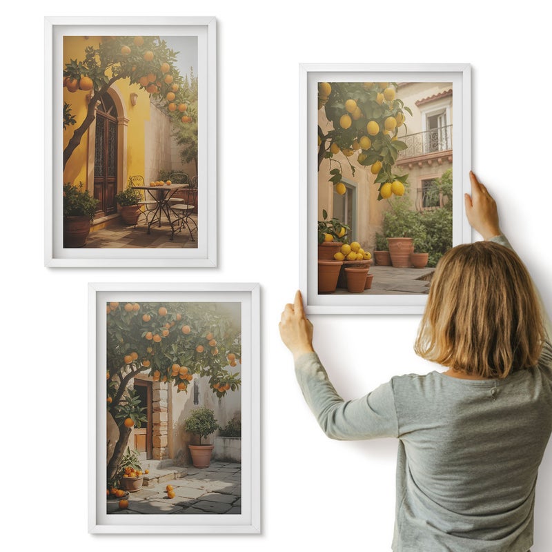Galeria ścienna 3-częściowy komplet obrazów w białych ramach - Słoneczne patio z drzewami cytrusowymi i doniczkami - ArtPrintCave