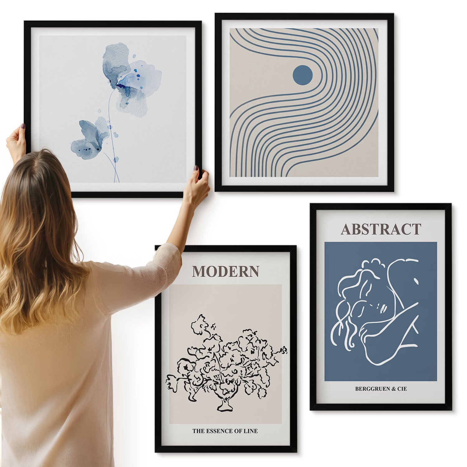 Galeria ścienna 4-częściowy komplet obrazów w czarnych ramach - Kwiaty linie i abstrakcyjne kształty postery - ArtPrintCave