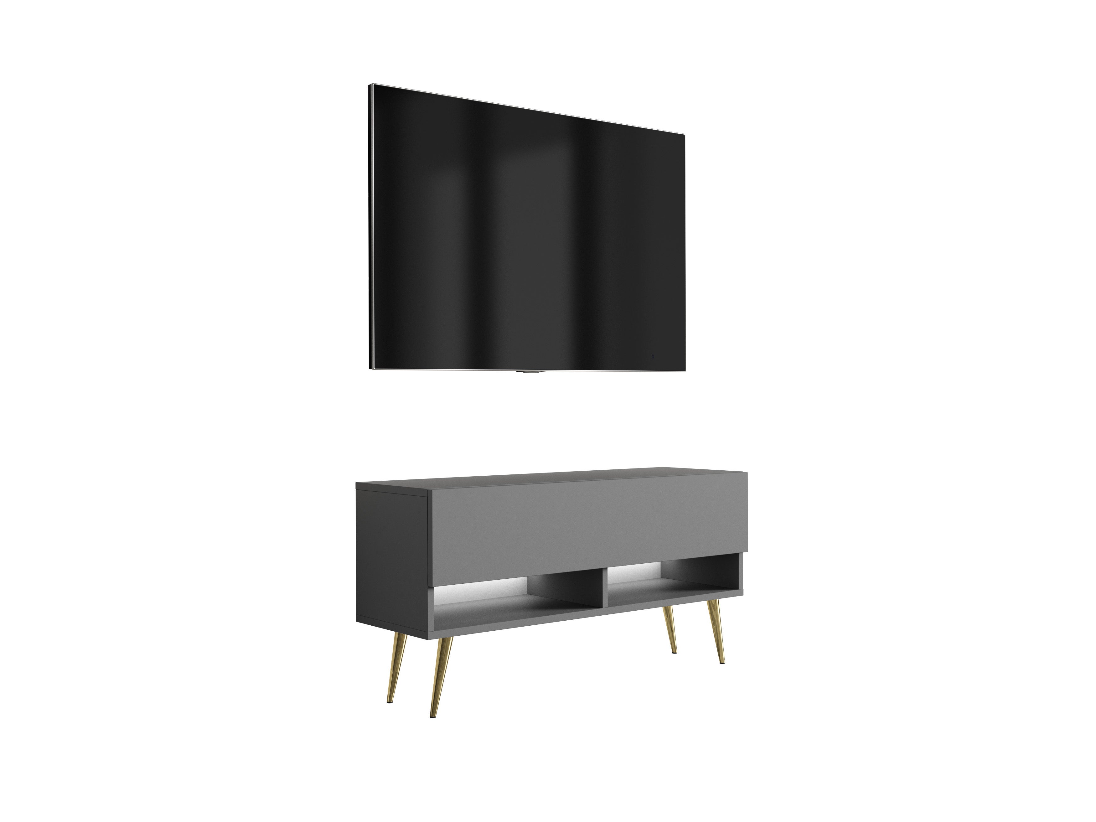Szafka pod telewizor 100 cm Antracyt, nóżki pochyłe złote, LED biały, 100 × 32 × 52 cm