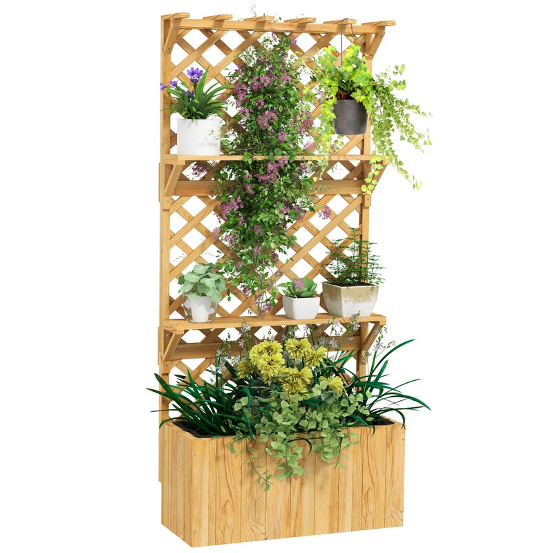 Podwyższona grządka ogrodowa z trellis, drewniany donica z suspended roof, drenaż otwory i liner, naturalny wykończenie