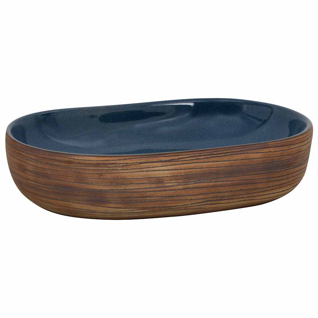Umywalka Nablatowa Ceramiczna Owalna Brązowo-Niebieska do Łazienki 59 cm
