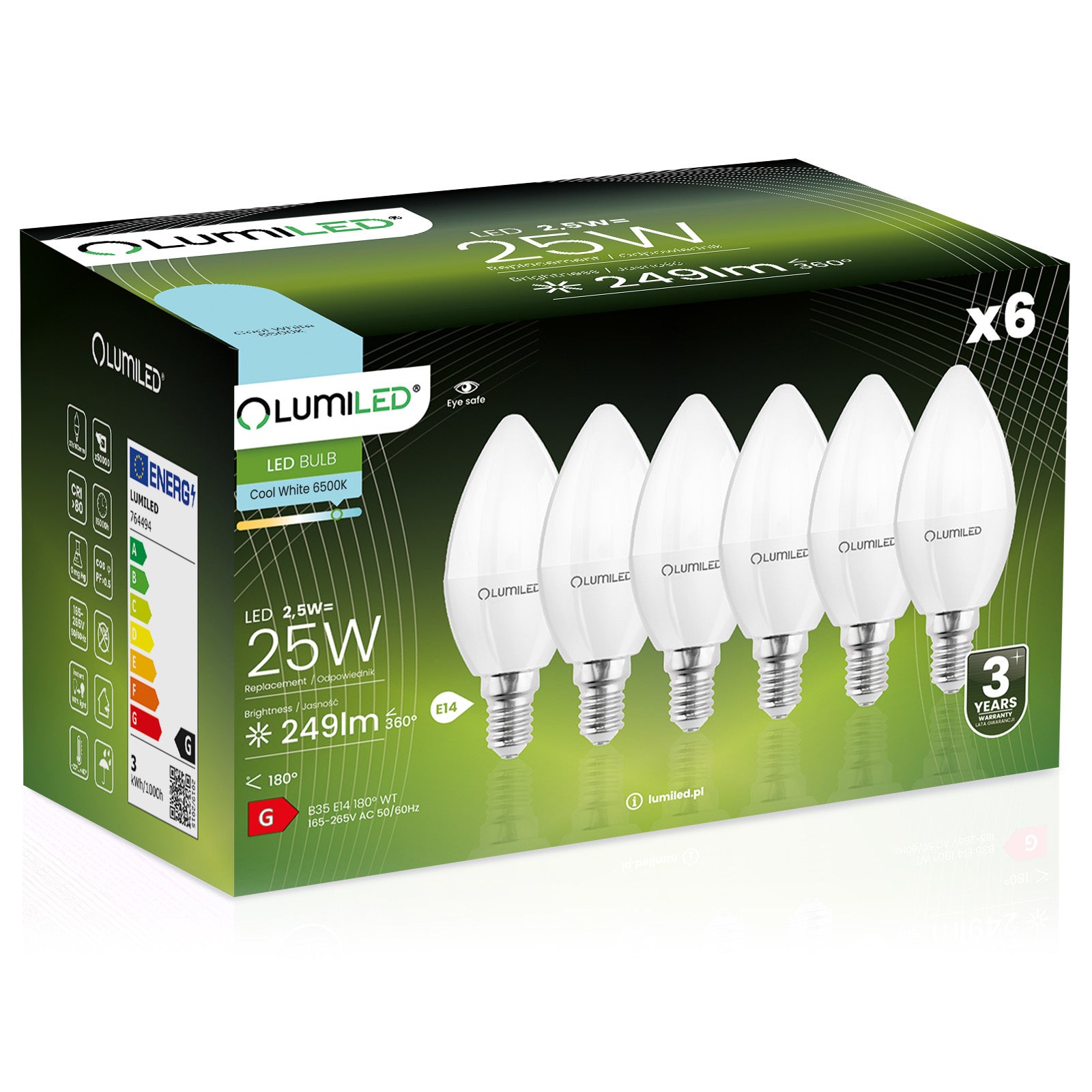 6x Żarówka Lumiled LED E14 Świeczka B35 2,5W = 25W 249lm 6500K Zimna 180st