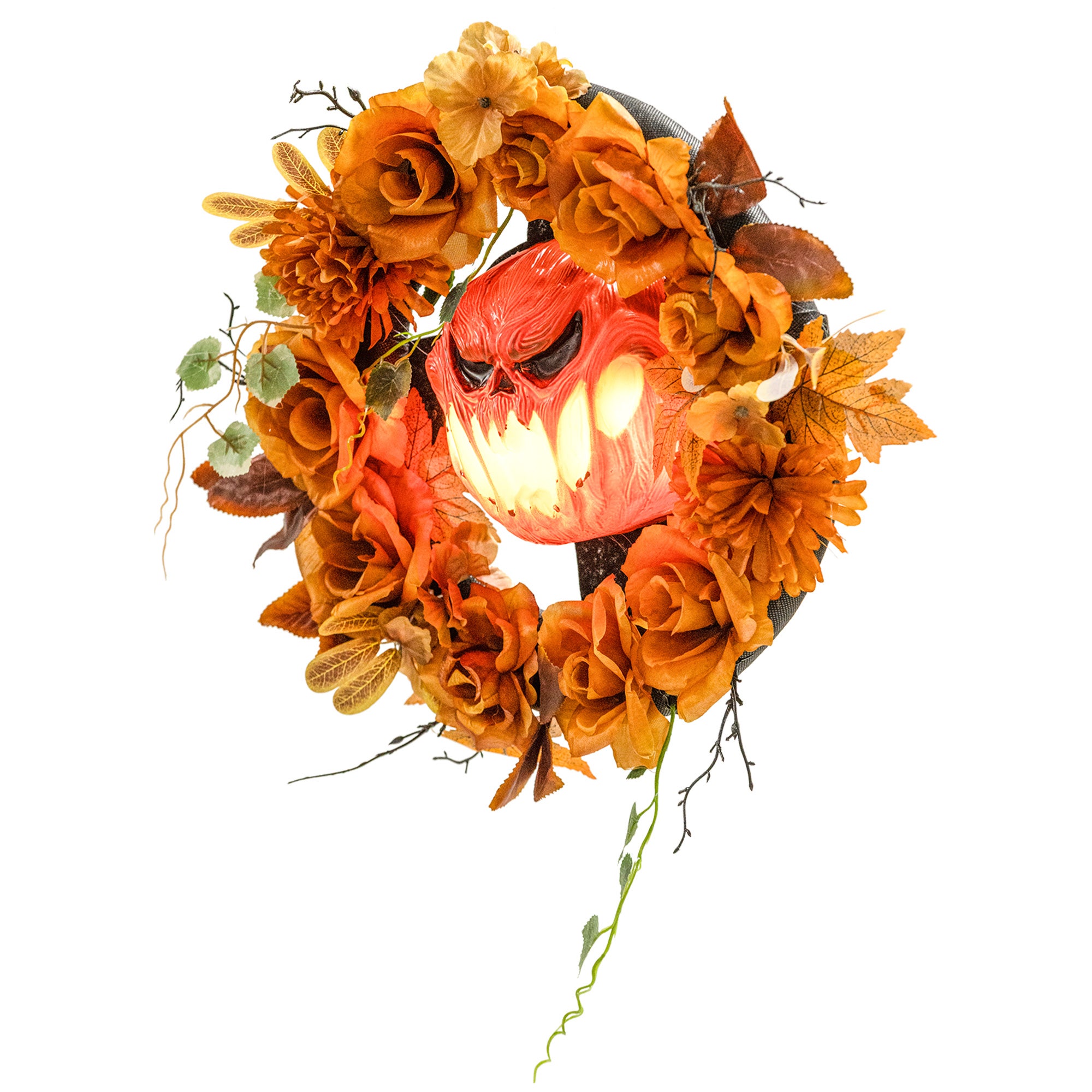 Wieniec na Halloween, upiorny wzór dyni, jesienne liście, efekty świetlne, plastik