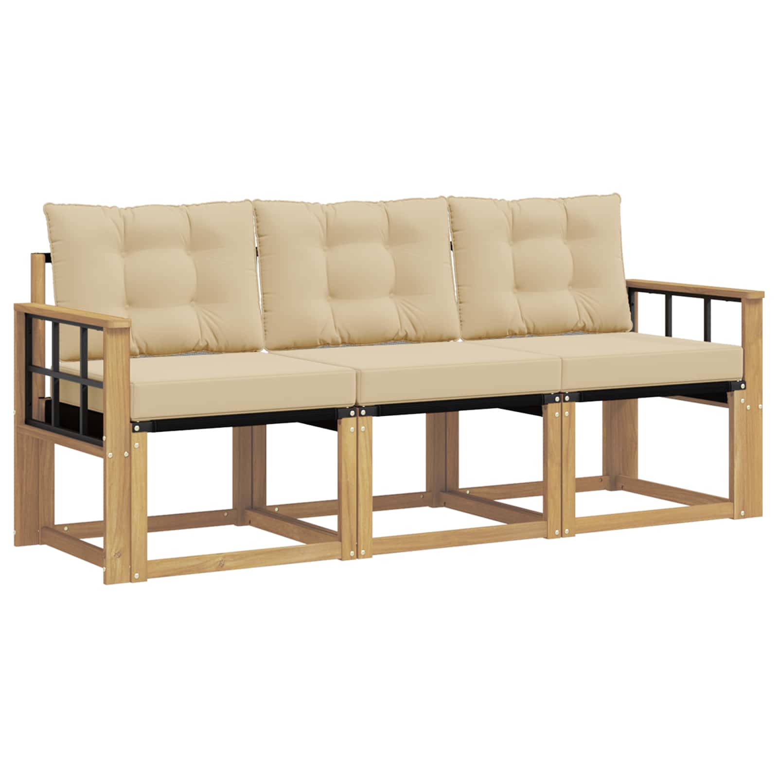 Sofa Ogrodowa Modułowa 3-Osobowa Drewniana z Beżowymi Poduszkami na Taras