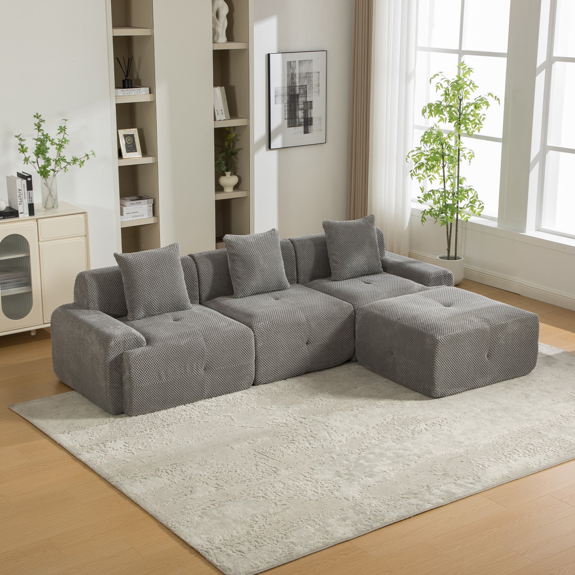 Modułowa sofa kompresyjna wykonana z tkaniny szenilowej wypełniona pianką wysokoelastyczną 30D. Łatwe do przenoszenia i z antypoślizgową podstawą