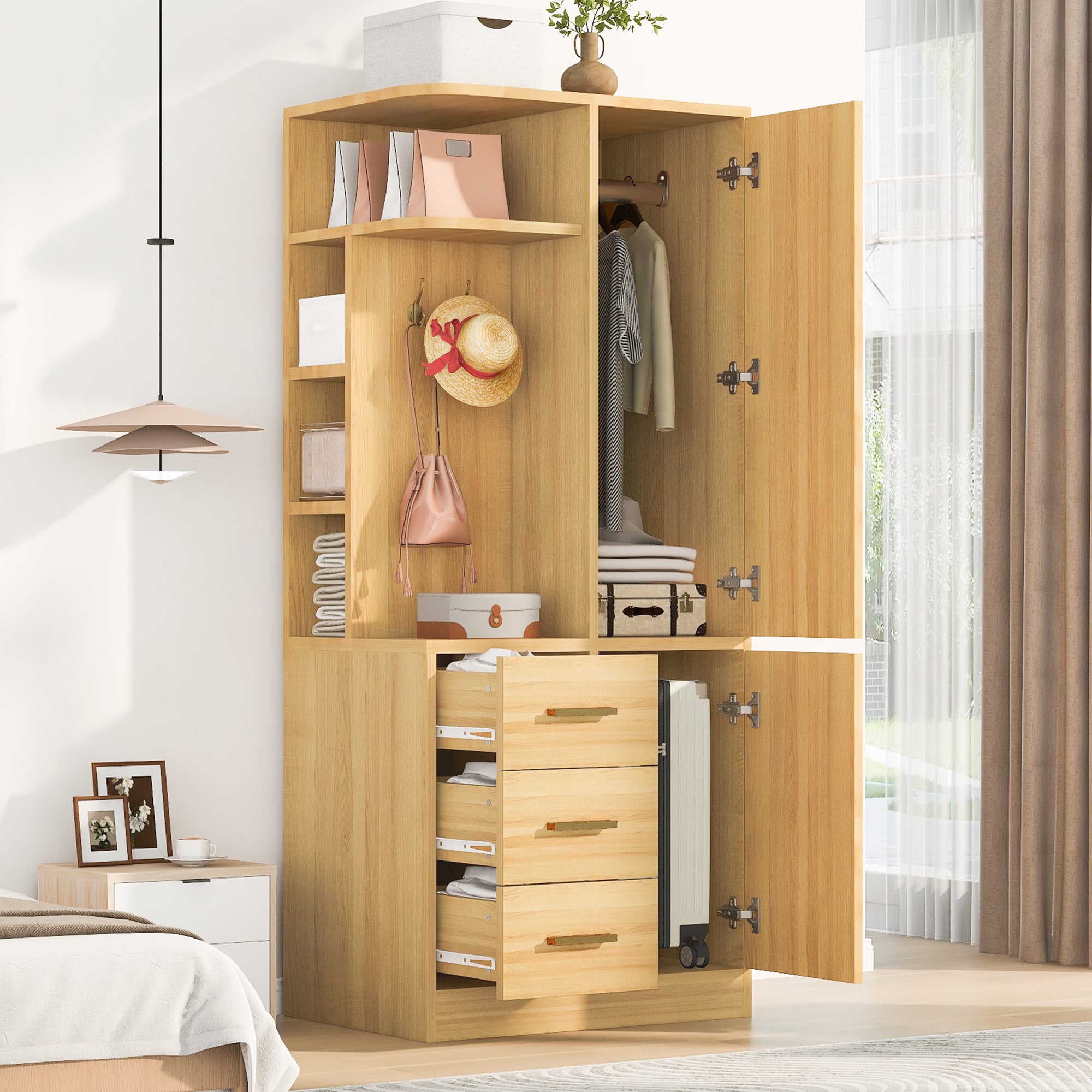 Szafa 2-drzwiowa z drążkiem na ubrania, półkami, 3 szufladami i wieszakami - Drewno, metal, sklejka i MDF - 70 x 50 x 170 cm - Naturalna