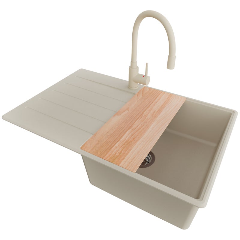 Zlewozmywak Granitowy Beżowy 78x50cm, Zlew Kuchenny 1 Komorowy + Bateria 38x14cm + Syfon + Deska, Nablatowy do szafki od 50cm - Kopenhaga PRIMAGRAN