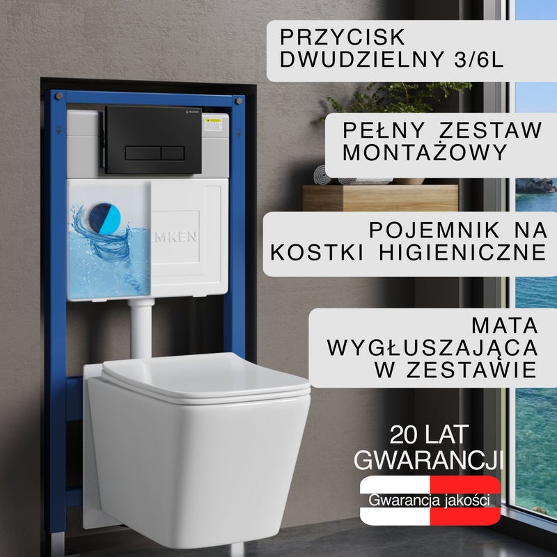 Stelaż podtynkowy WC Helmken 351201 Zestaw 6w1: Czarny Mat Przycisk (HD), Miska bezkołnierzowa Rimless, Deska wolnoopadająca, Pojemnik na kostki, Mata