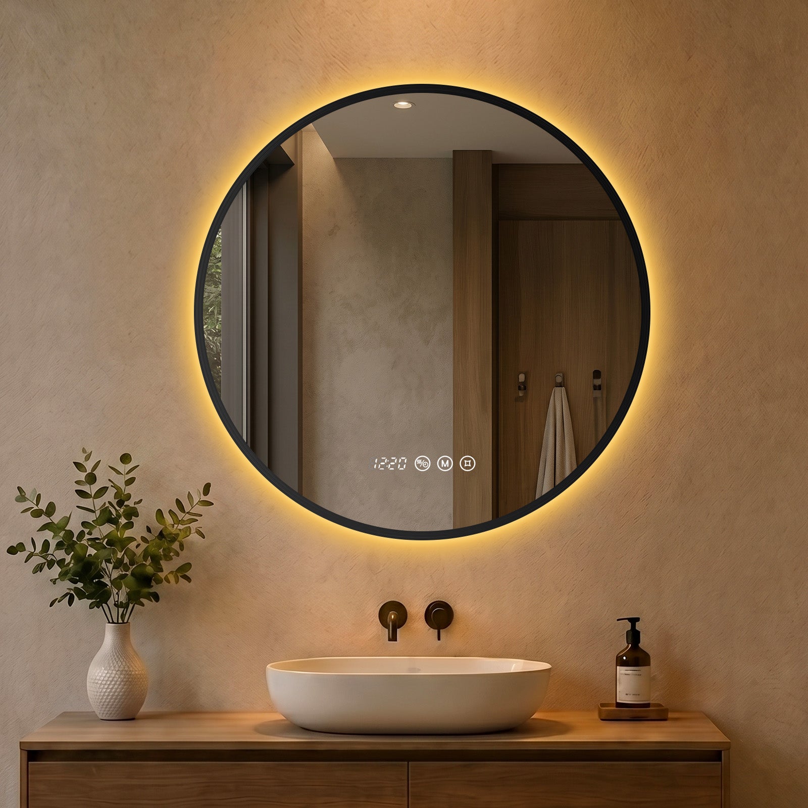 Lustro łazienkowe LED okrągłe 60 cm z czarną ramą, lustro podświetlane z funkcją przeciwmgielną, 3 barwy światła, zegar, temperatura, pamięć