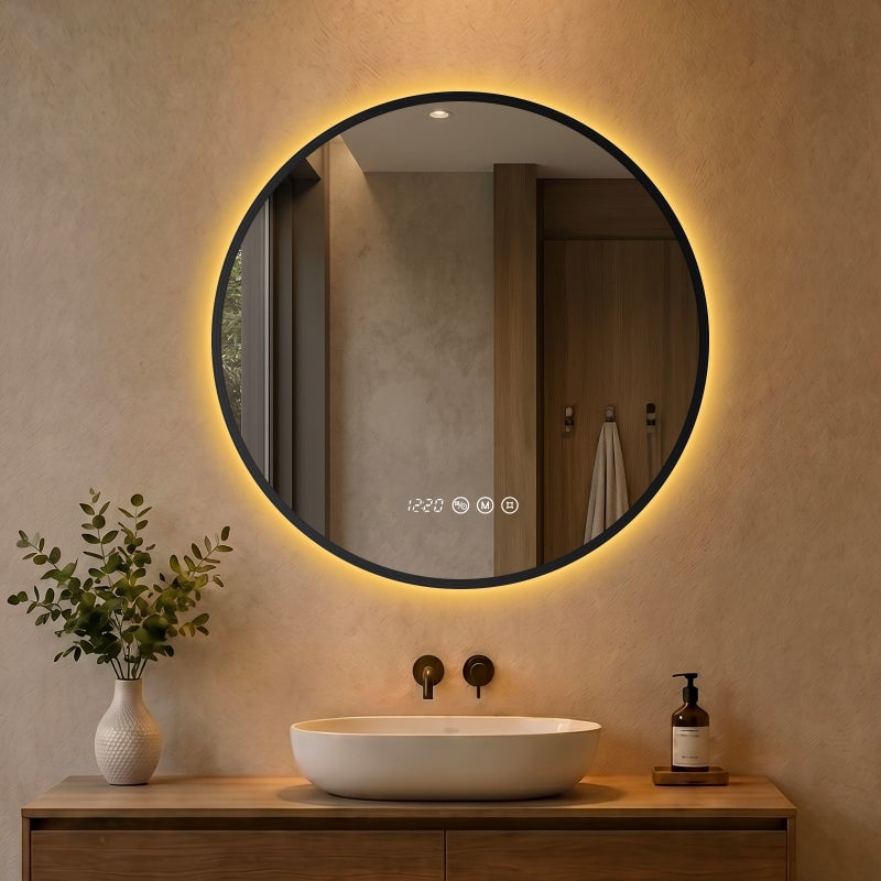 Lustro łazienkowe LED okrągłe 60 cm z czarną ramą, lustro podświetlane z funkcją przeciwmgielną, 3 barwy światła, zegar, temperatura, pamięć