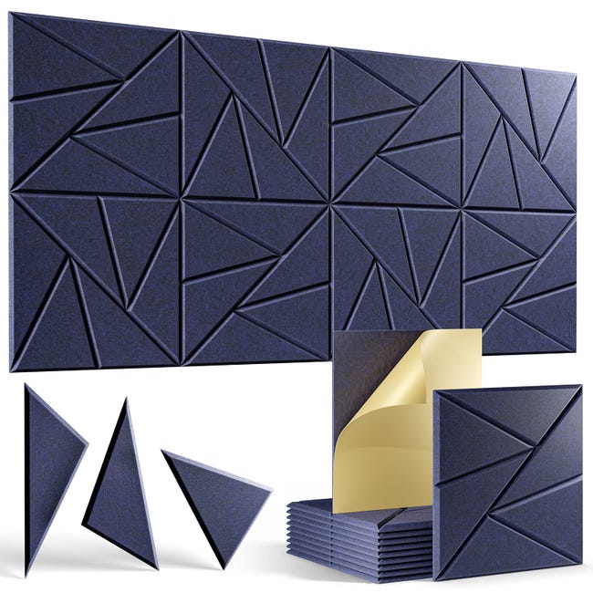 12 samoprzylepnych, dźwiękochłonnych paneli ściennych, dźwiękochłonne panele z włókna poliestrowego, 30*30*0,9 cm, ciemnoniebieskie