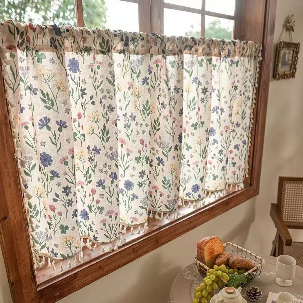 Zasłona do kawiarni - krótka, lniana półzasłona (z frędzlami koronkowymi) - odpowiednia na drzwi i okna kuchenne (100x60 cm)