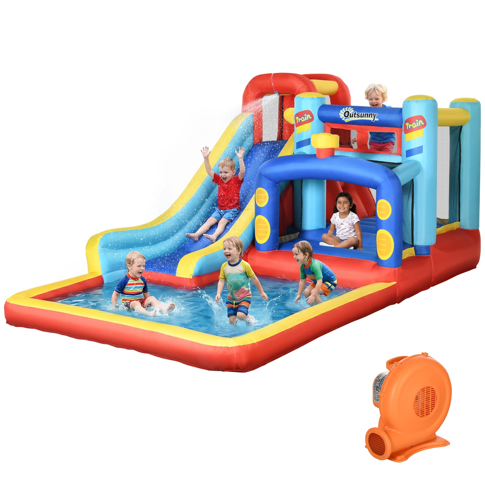 Dmuchany zamek dla dzieci w wieku 3-8 lat z dmuchawą, zjeżdżalnią, trampoliną, basenem i torbą transportową, 435x245x200 cm, wielokolorowy