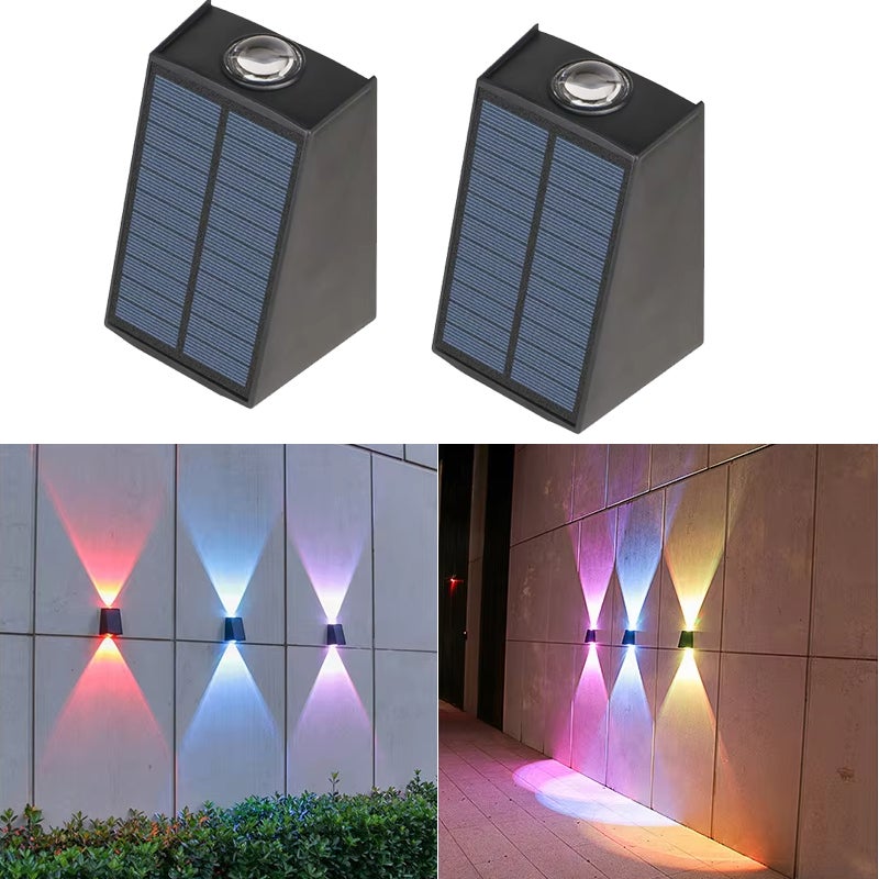 Lampa ścienna solarna 2 sztuki - Podwójne oświetlenie górne/dolne, LED w wielu kolorach do dekoracji zewnętrznej (płot, ogród, balkon)