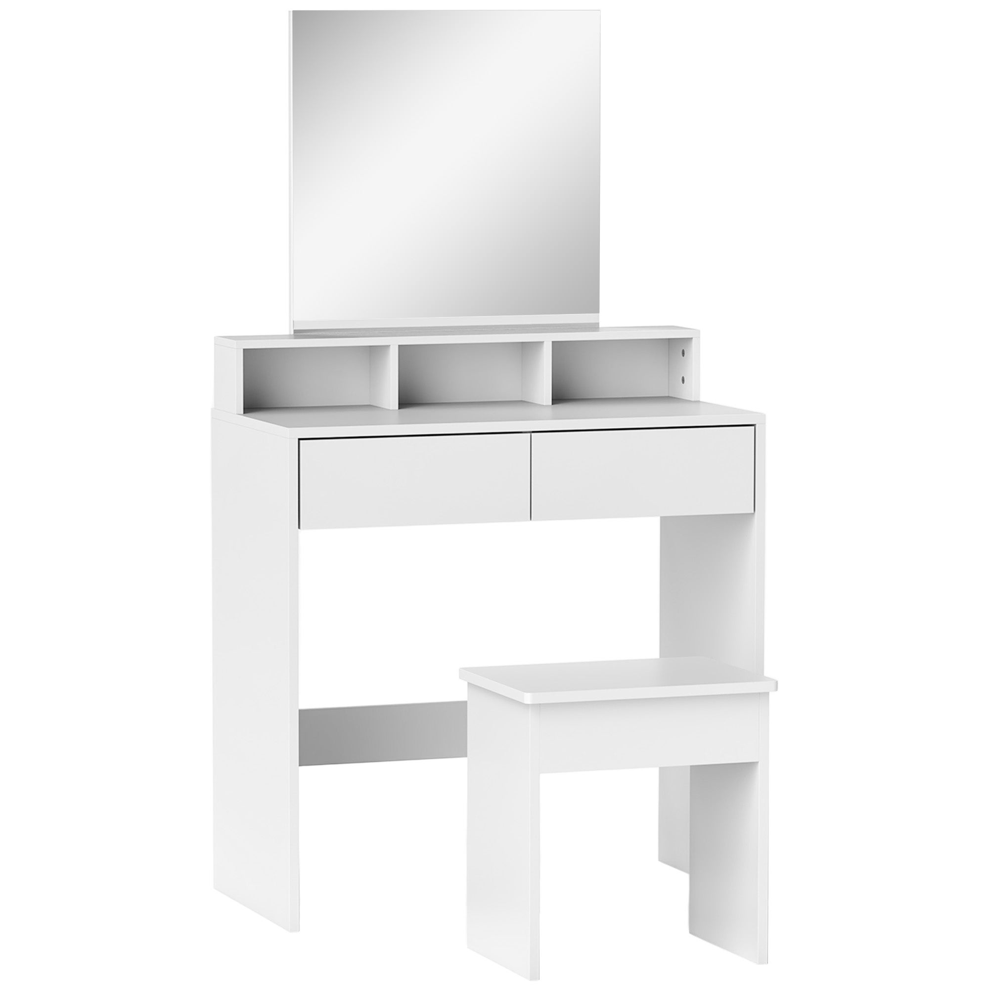 Drewniana toaletka z lustrem, 3 półkami, 2 szufladami i taboretem, 75 x 38 x 135 cm, kolor biały