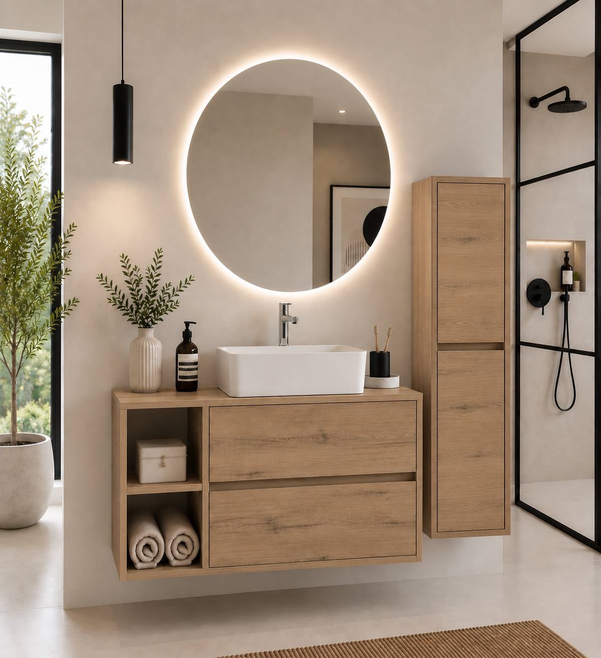 Szafka łazienkowa z drewnianym blatem i umywalką nablatową ORIGENBATH ZEUS bez lustra 70x45 cm Lewa strona Estepa z kolumną