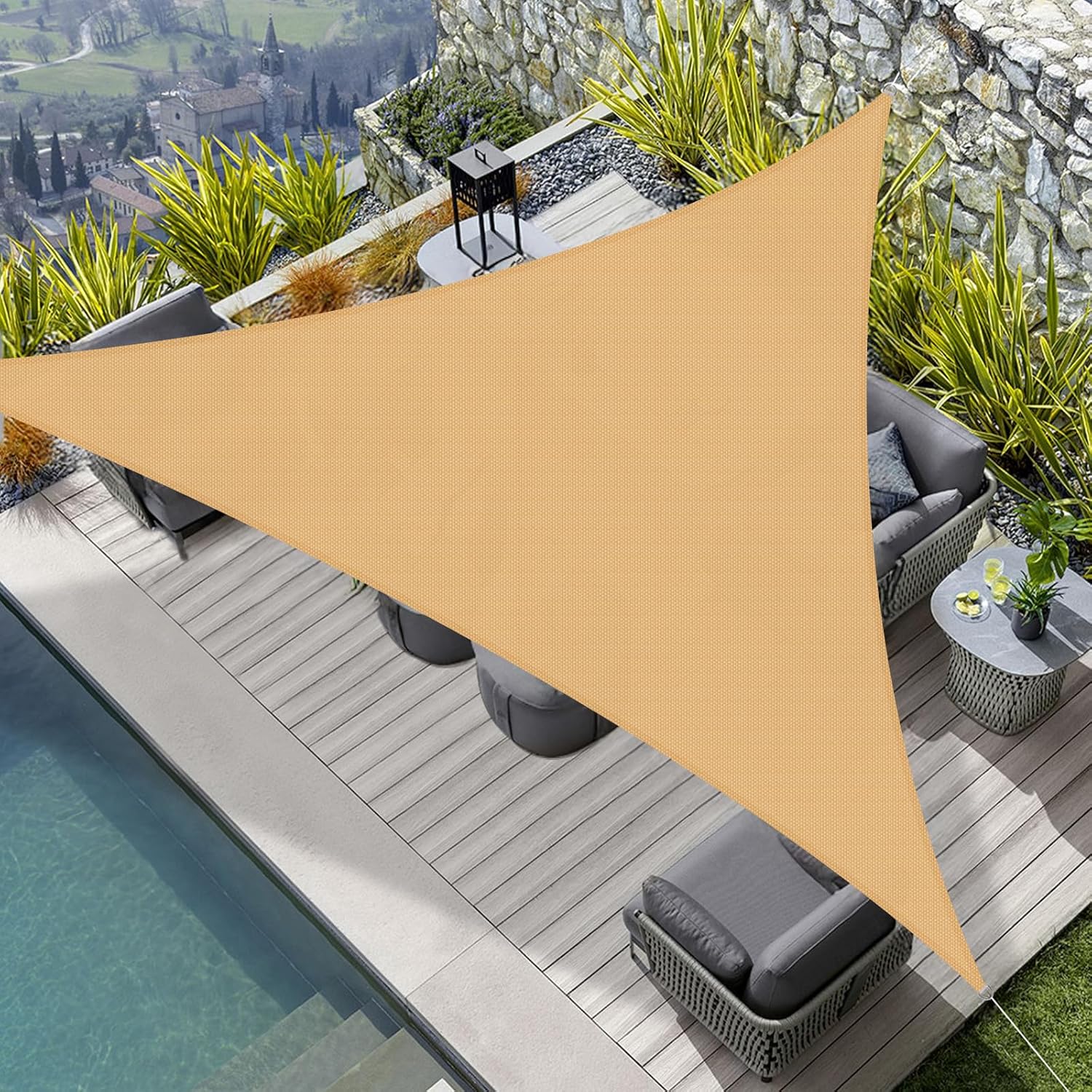 Wodoodporny żagiel przeciwsłoneczny, trójkątny 5 x 5 x 5 metrów, odpowiedni na taras i balkon, piaskowożółty