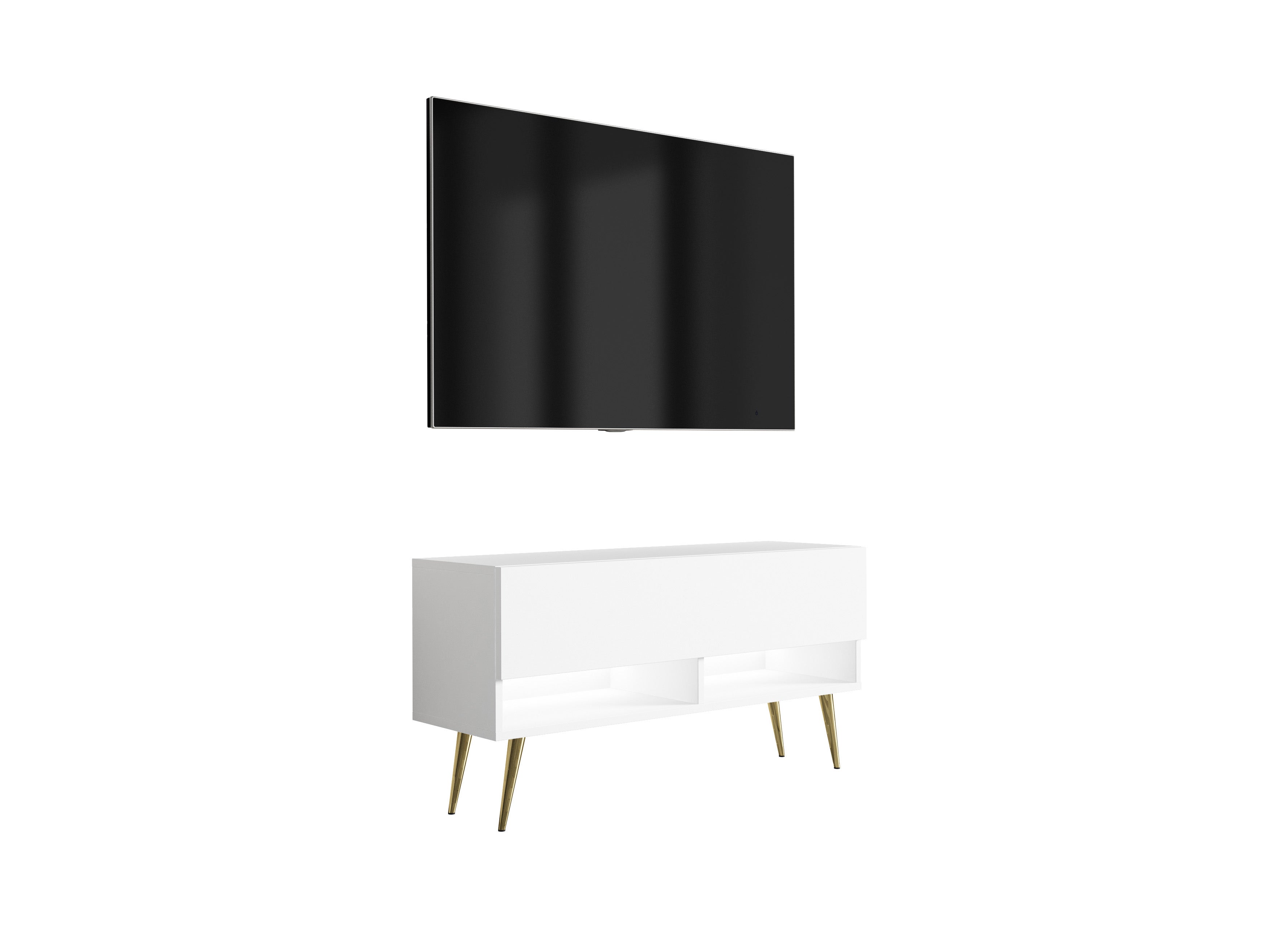 Szafka pod telewizor 100 cm Biały Mat, nóżki pochyłe złote, LED biały, 100 × 32 × 52 cm