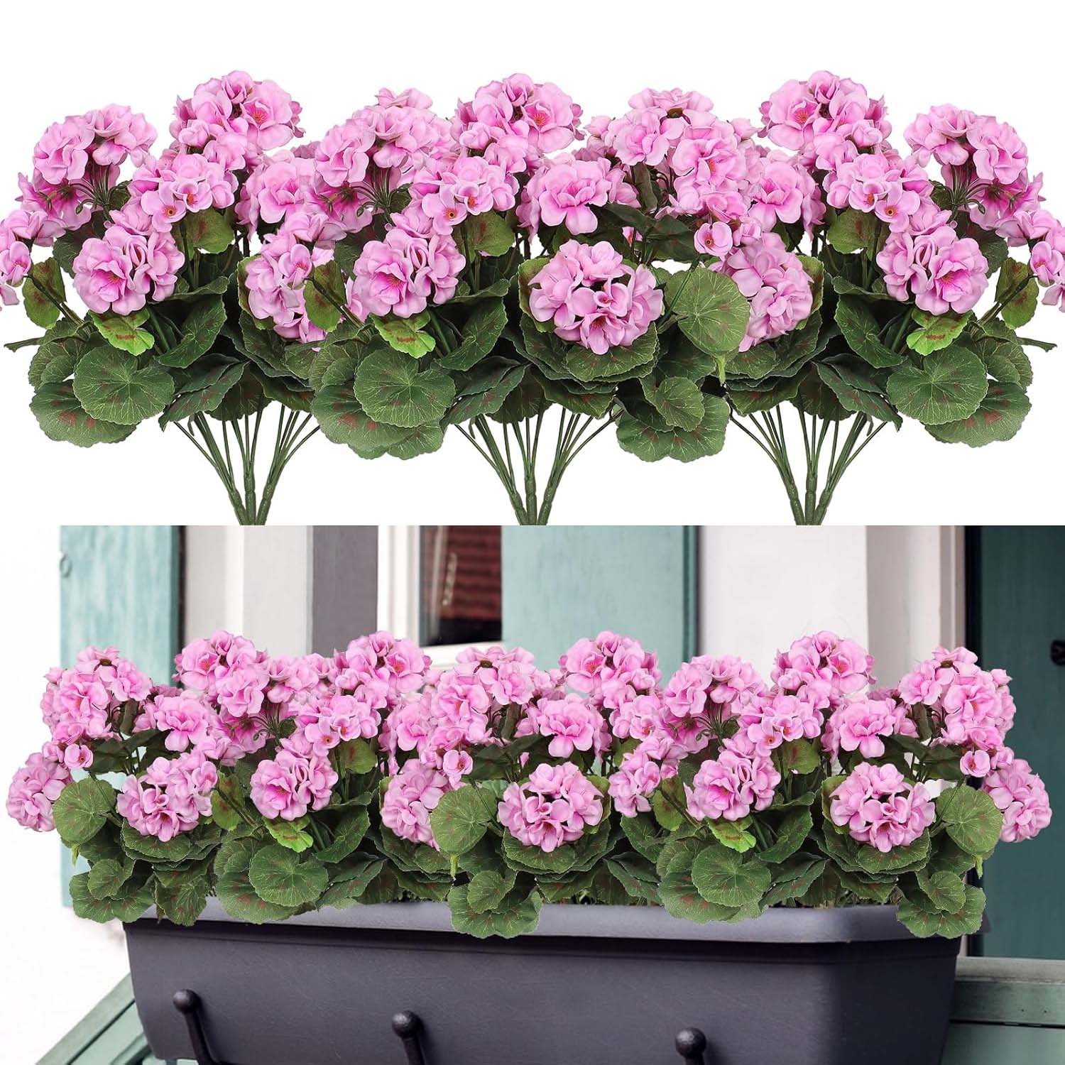7 bukietów sztucznych geranium – różowe, odporne na UV, dekoracja balkonu, ogrodu, tarasu, skrzynki, ślub, bez podlewania, trwałe i realistyczne