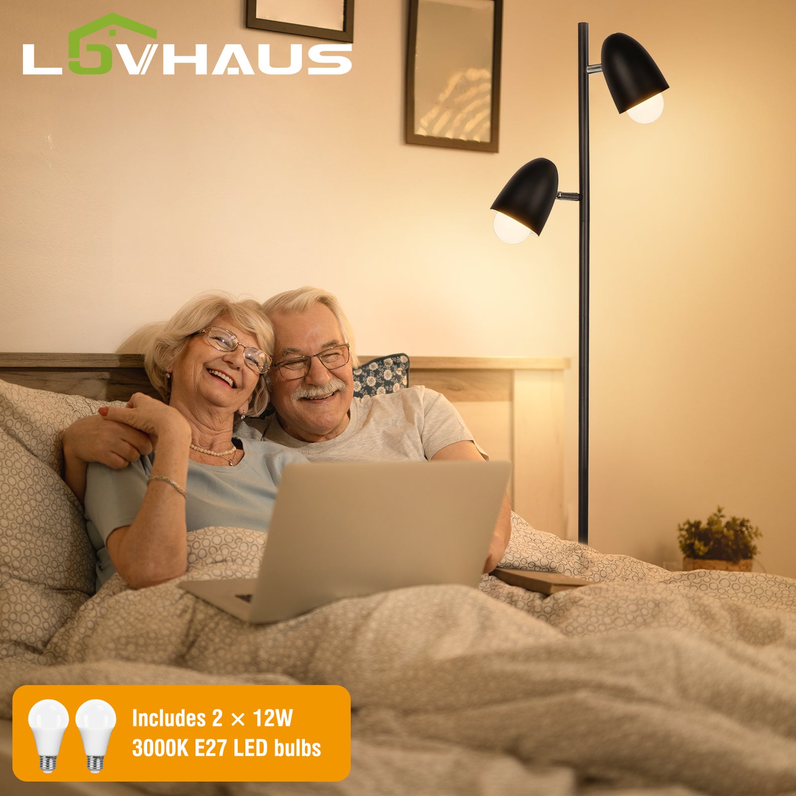 Lampa podłogowa LED 163cm czarna,podwójna regulowana głowica 350°,lampa do salonu industrialna E27 max 60W, lampka do czytania sypialnia biuro,LOVHAUS