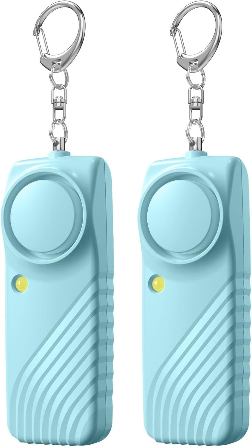 Zestaw 2 osobistych alarmów bezpieczeństwa, samoobrona, 130 dB, latarka LED, zewnętrzny alarm awaryjny, niebieski